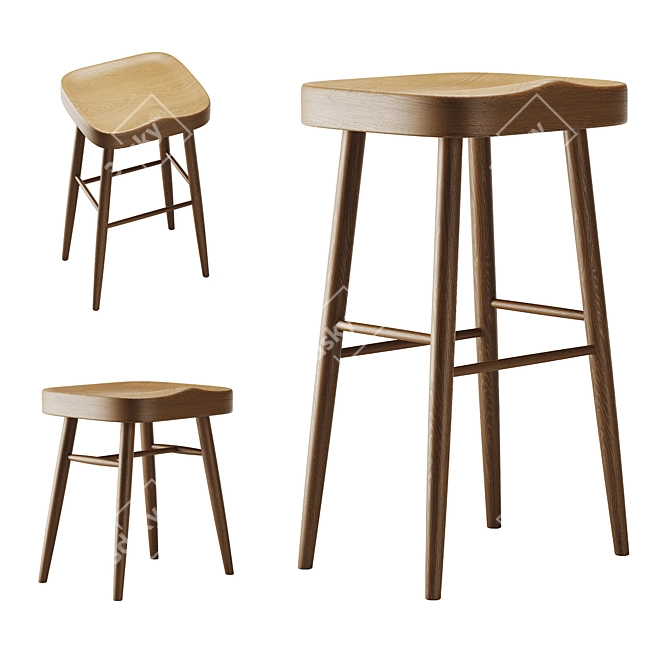 Ash Wood Stool Set 3D model image 1