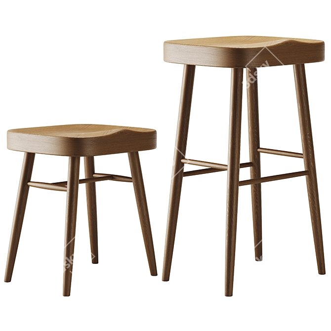 Ash Wood Stool Set 3D model image 2