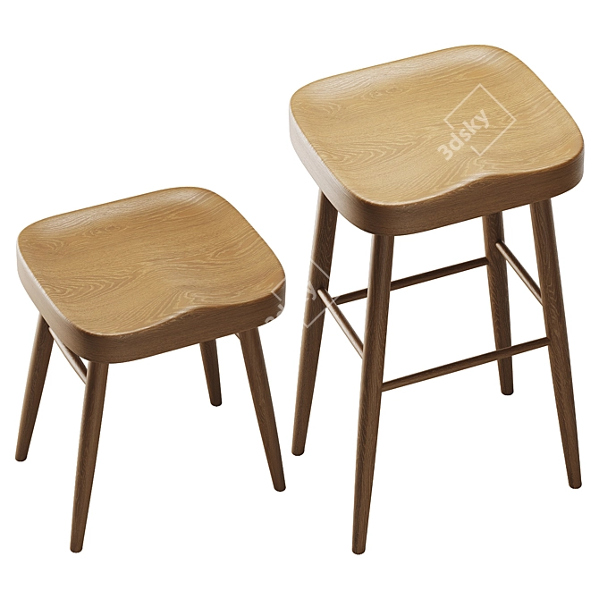 Ash Wood Stool Set 3D model image 3