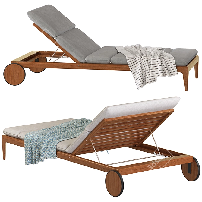 Elegant Teak Sun Lounger with Casters 3D model image 2