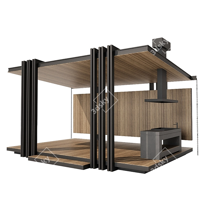 Modern Metal and Wood Gazebo 3D model image 4