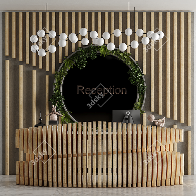 Modern Reception Desk Set with Plants & Sculptures 3D model image 1