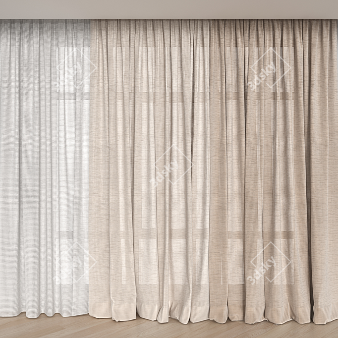 Cotton Semi-Sheer Curtain Pair 3D model image 1