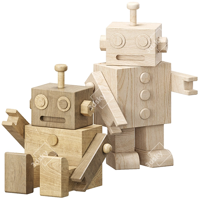 Wooden Vintage Robot Toy 3D model image 1