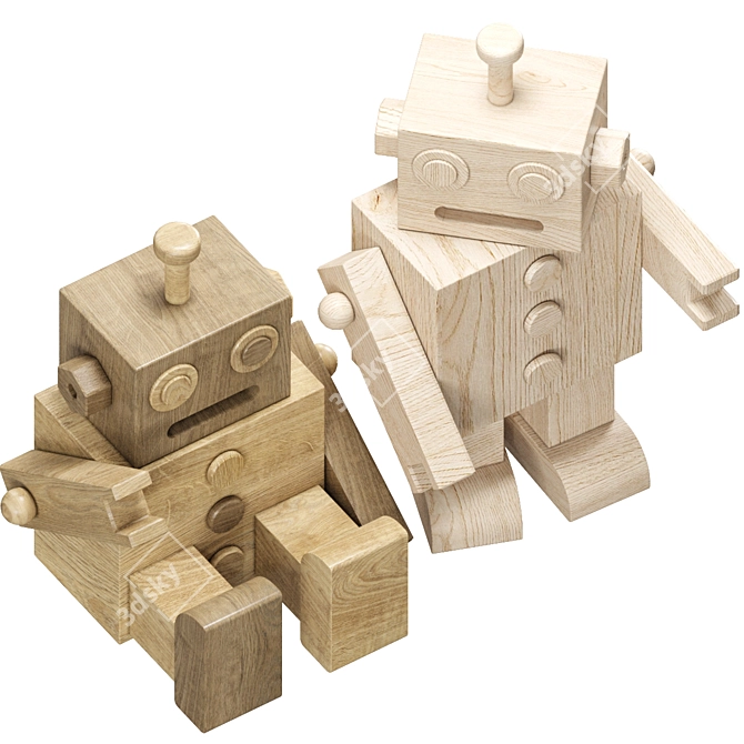 Wooden Vintage Robot Toy 3D model image 2