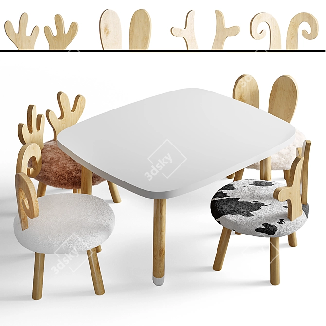 Wooden Kids Table Set, Nursery 3D model image 8