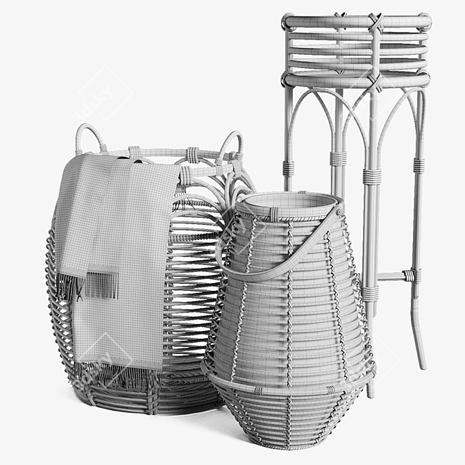 Rattan Basket Set with Stand 3D model image 5