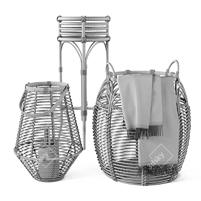 Rattan Basket Set with Stand 3D model image 7