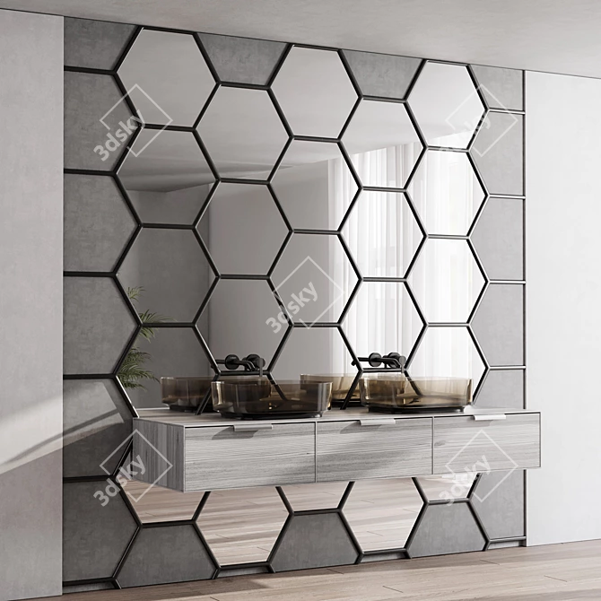 Hexagonal Mirror Bathroom Furniture Set 3D model image 1