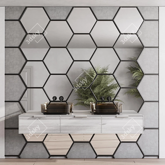 Hexagonal Mirror Bathroom Furniture Set 3D model image 2