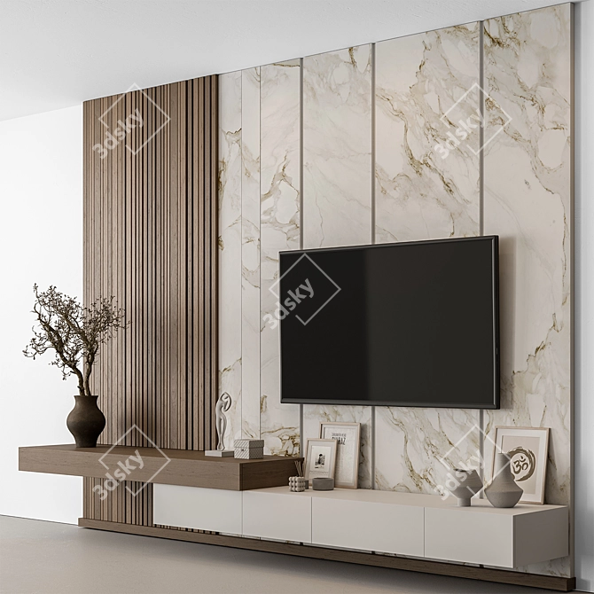 Rustic Stone & Wood TV Wall 3D model image 1