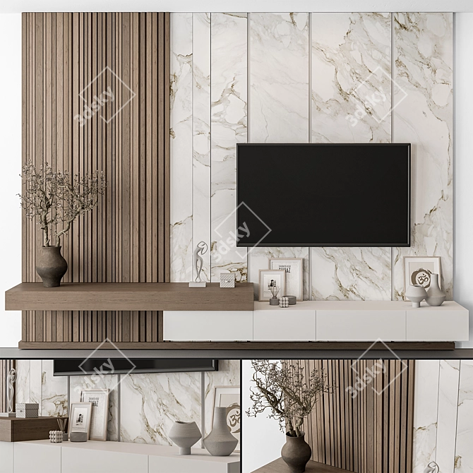 Rustic Stone & Wood TV Wall 3D model image 2