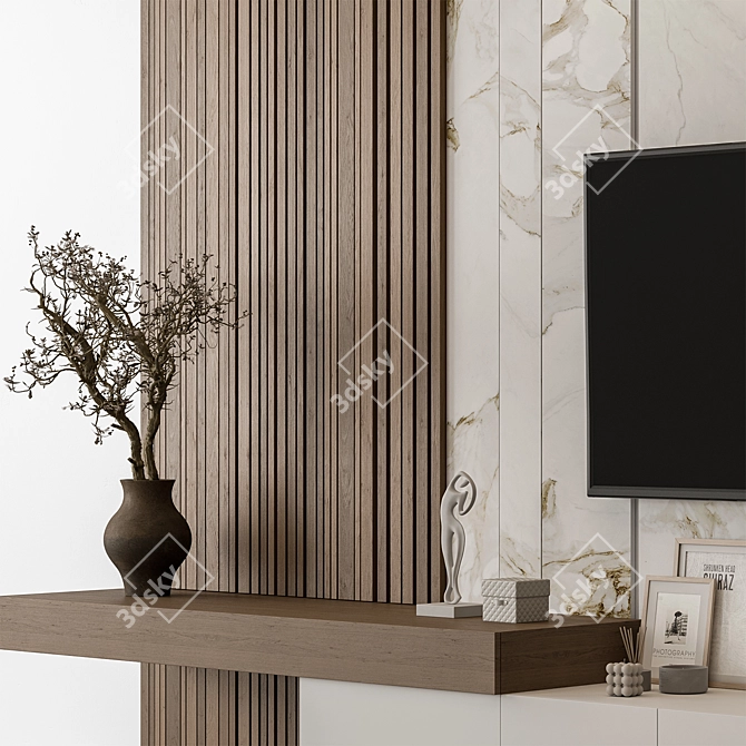 Rustic Stone & Wood TV Wall 3D model image 5