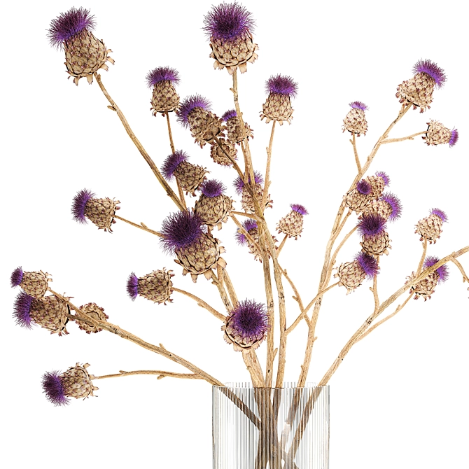 Modern Thistle Bouquet in Glass Vase 3D model image 2