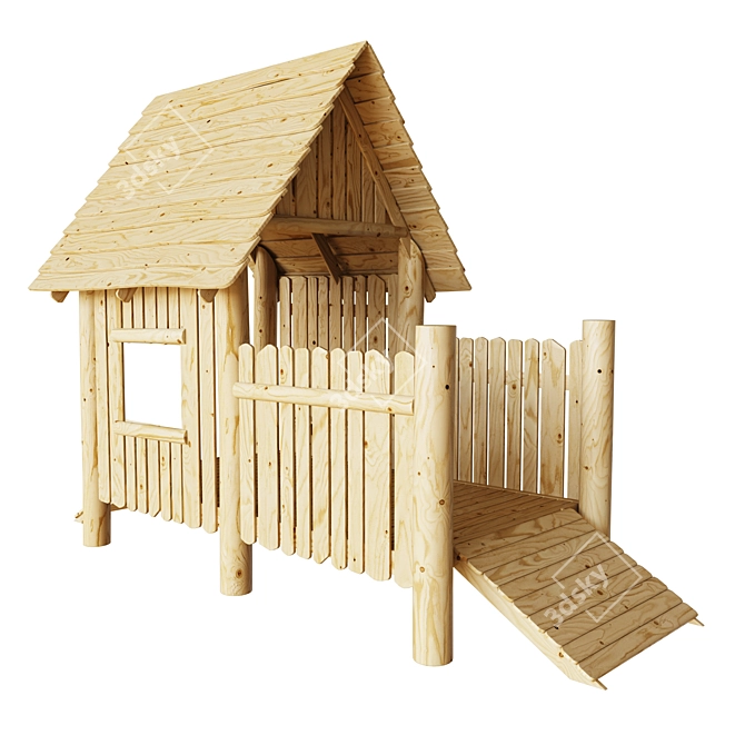 Kids Wooden Playhouse with Terrace 3D model image 1