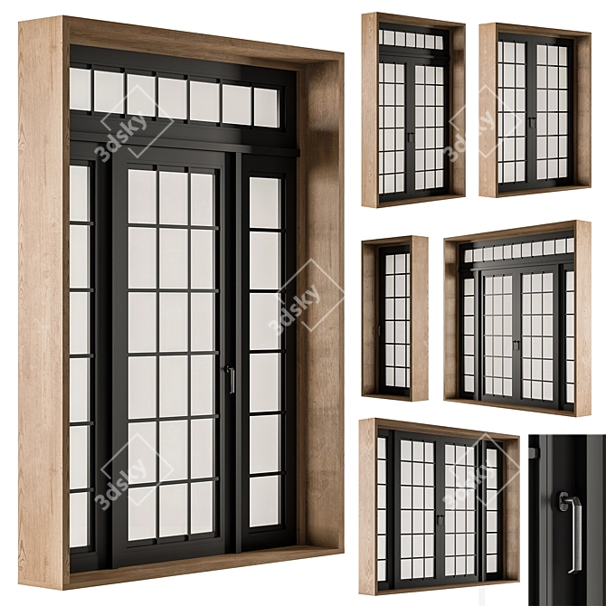 Rustic Wood Metal Windows Set 3D model image 1