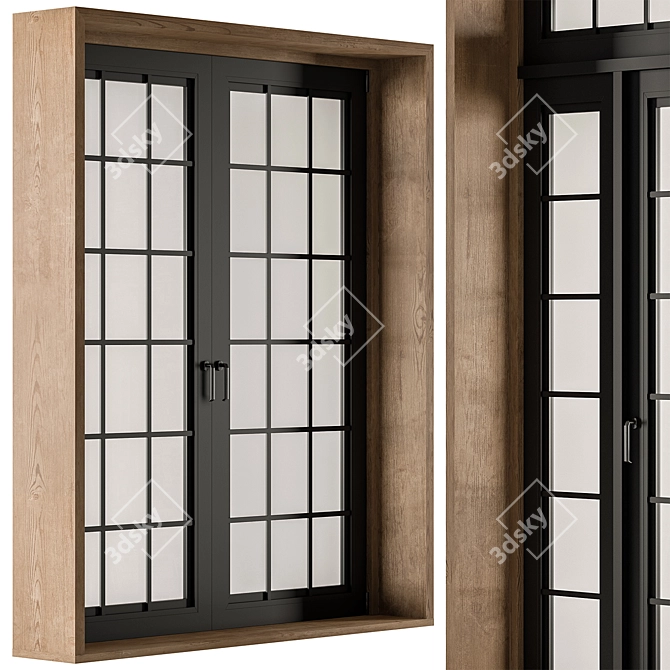 Rustic Wood Metal Windows Set 3D model image 3