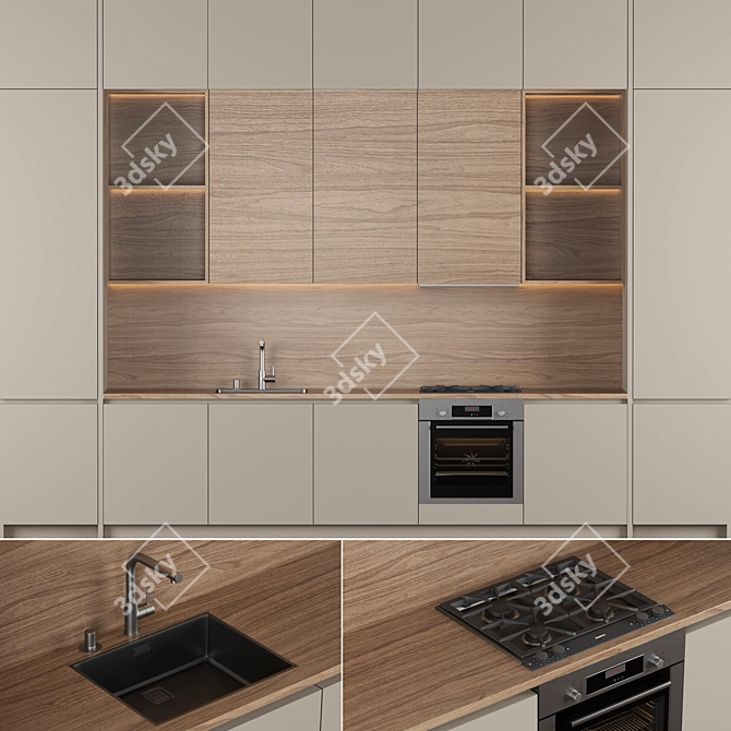 Modern Taupe Wood Kitchen 3D 3D model image 5