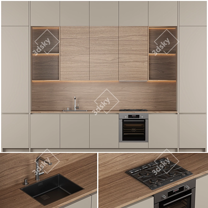 Modern Taupe Wood Kitchen 3D 3D model image 6