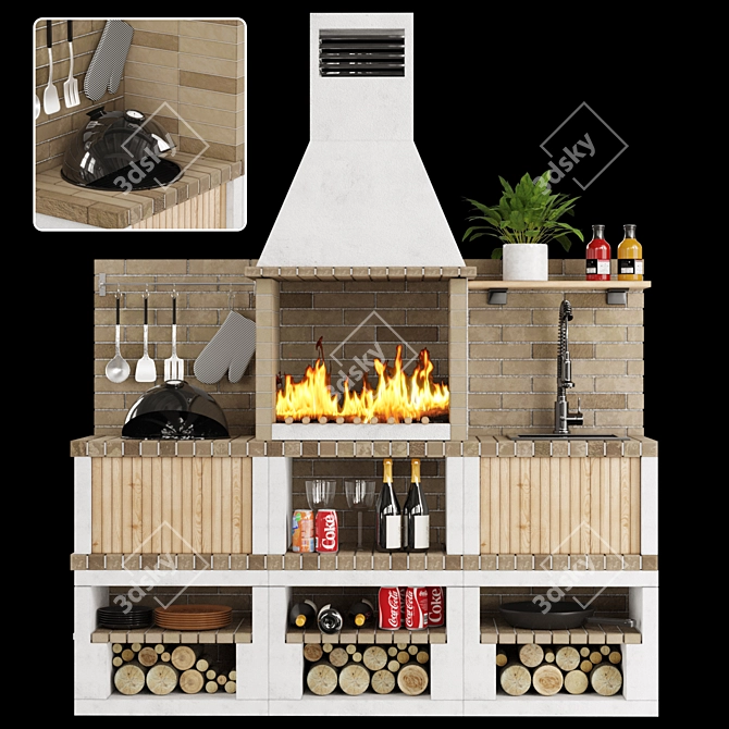 Brick Outdoor Kitchen BBQ Set 3D model image 1