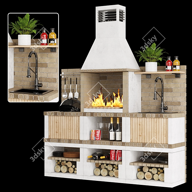 Brick Outdoor Kitchen BBQ Set 3D model image 2