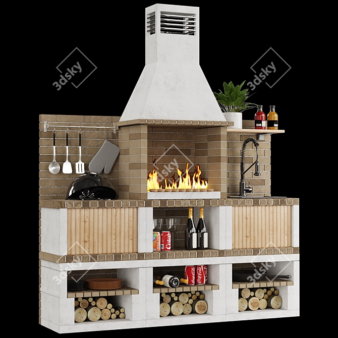 Brick Outdoor Kitchen BBQ Set 3D model image 3