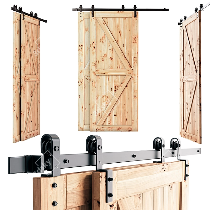 Double Wooden Barn Doors Set 3D model image 1