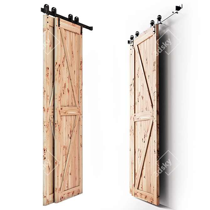 Double Wooden Barn Doors Set 3D model image 3