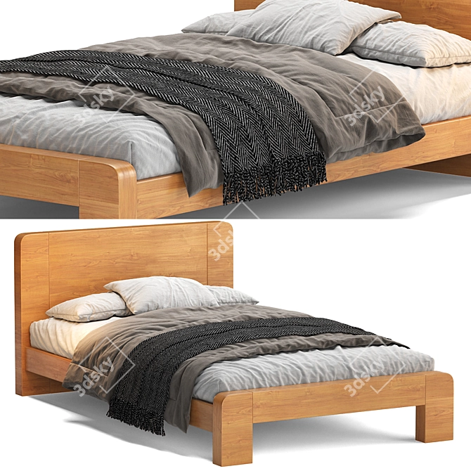 Scandi Natural Wood Panel Bed 3D model image 1