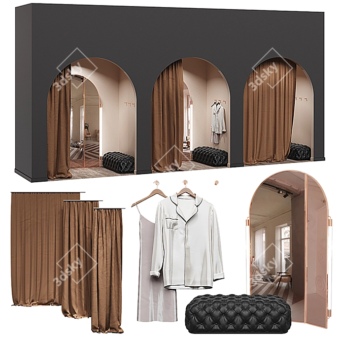 PBR Three-Section Clothing Store Fitting Room 3D model image 1