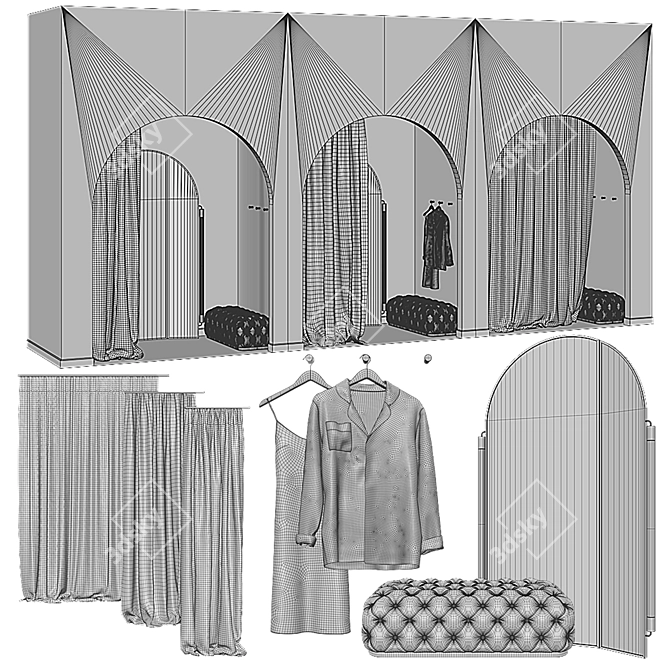 PBR Three-Section Clothing Store Fitting Room 3D model image 6