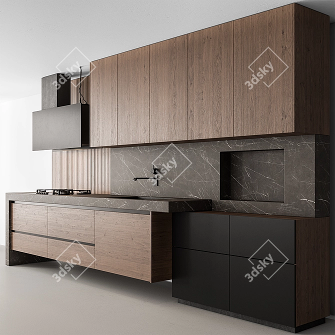 Sleek Wood & Black Kitchen 3D model image 1