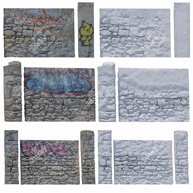 Modular Stone Fence with Graffiti 3D model image 2