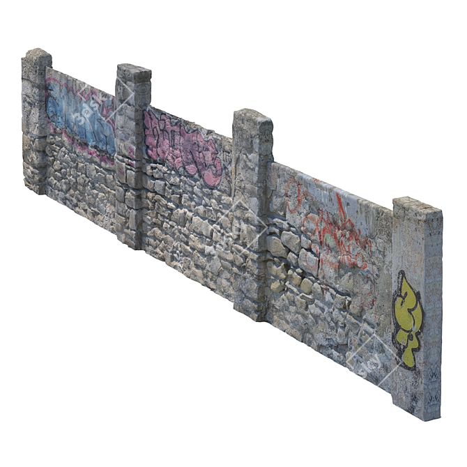 Modular Stone Fence with Graffiti 3D model image 5