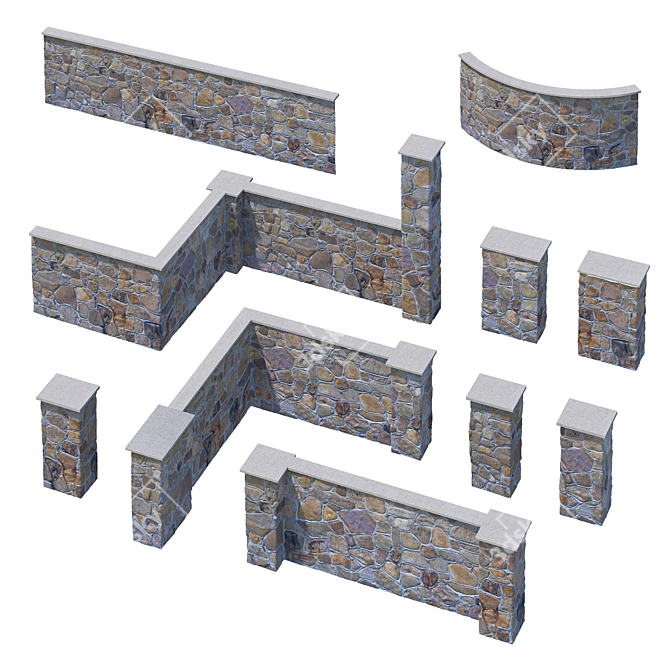 Stone Fence Set: Column and Wall Kit 3D model image 1