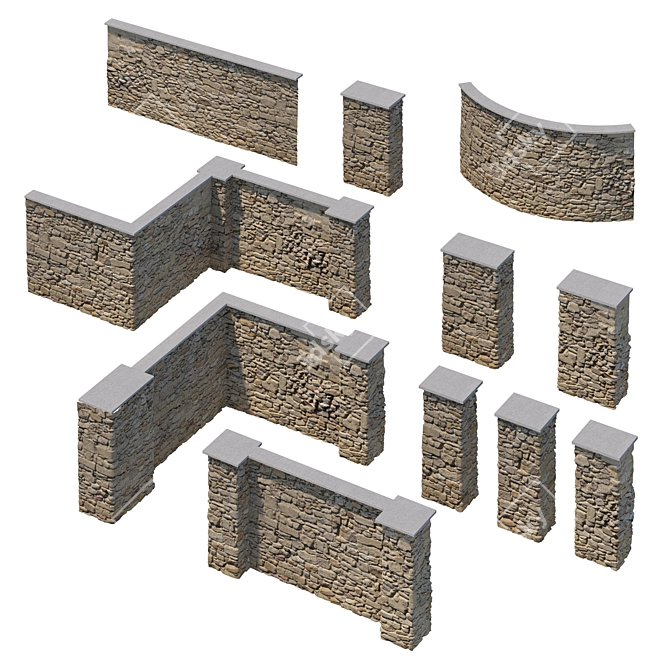 Modular Stone Fence Kit 3D model image 1