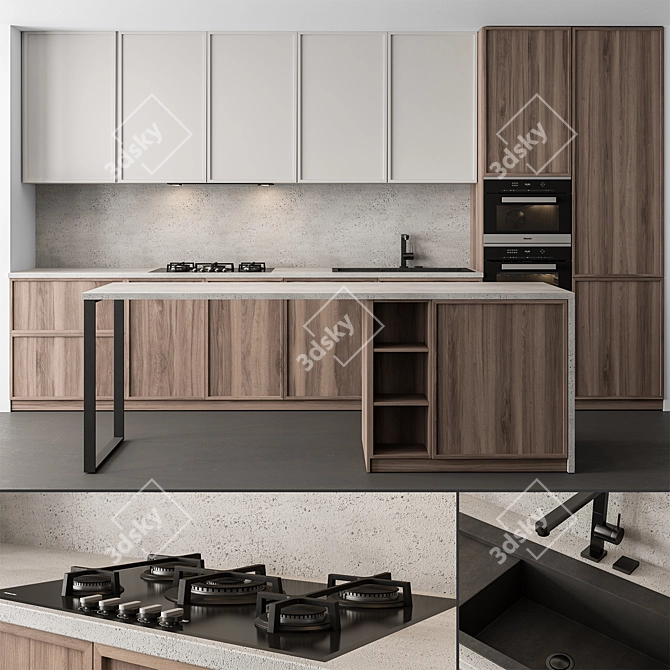 Wood & White Modern Kitchen 3D model image 1