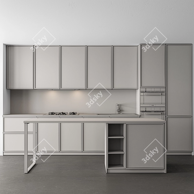 Wood & White Modern Kitchen 3D model image 4