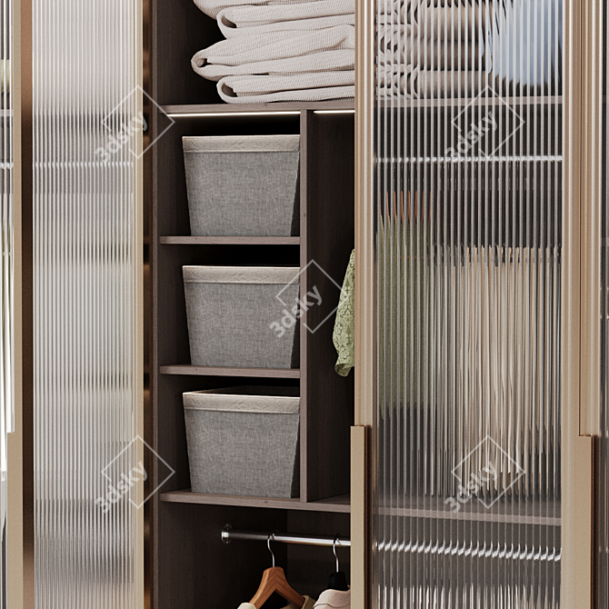 Modern Wardrobe with Ribbed Glass Doors 3D model image 2