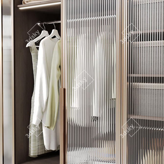 Modern Wardrobe with Ribbed Glass Doors 3D model image 3