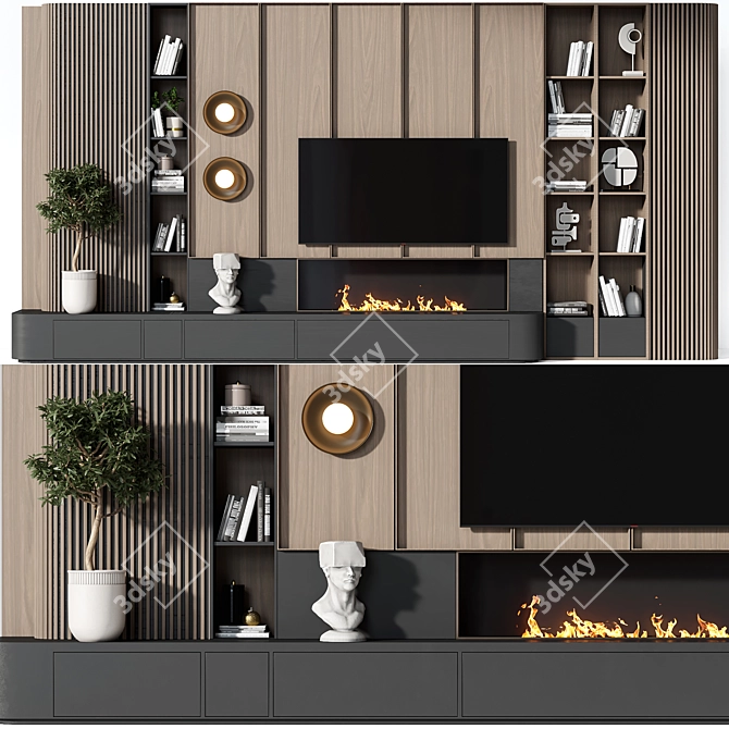 Wooden TV Wall Panel Set 3D model image 1