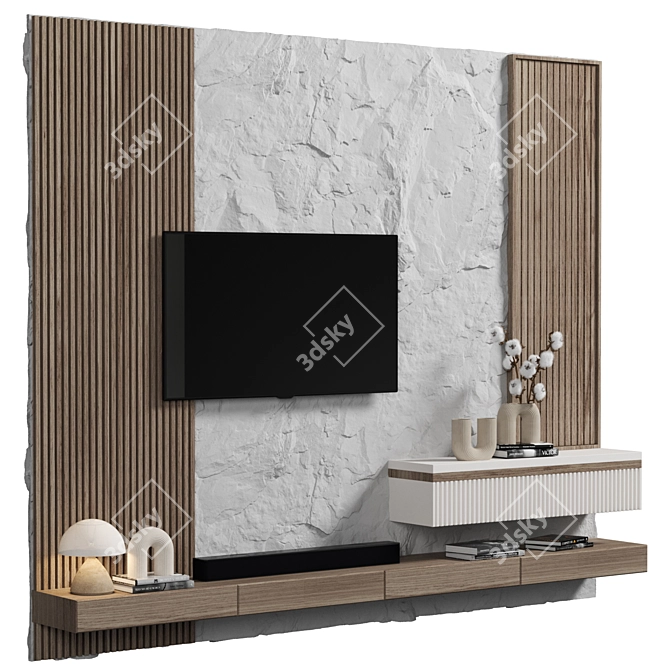 Sleek Wood 4K TV Wall 3D model image 2