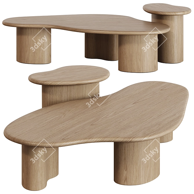 Vintage Oak Coffee Table Set 3D model image 1