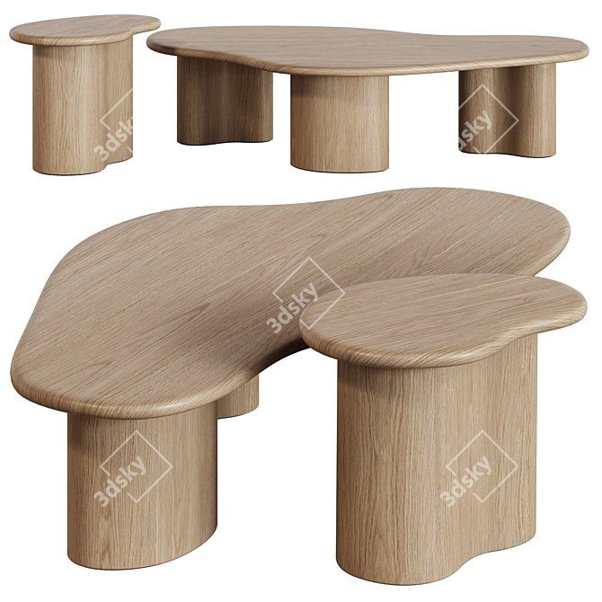 Vintage Oak Coffee Table Set 3D model image 2