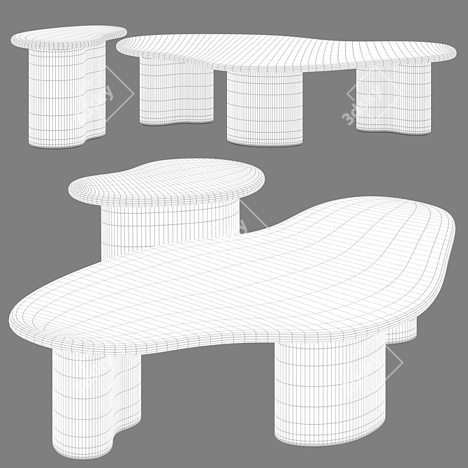 Vintage Oak Coffee Table Set 3D model image 3