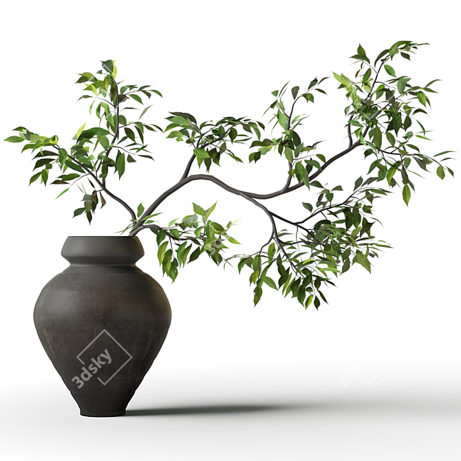 Green Leaf Branch in Black Vase 3D model image 1