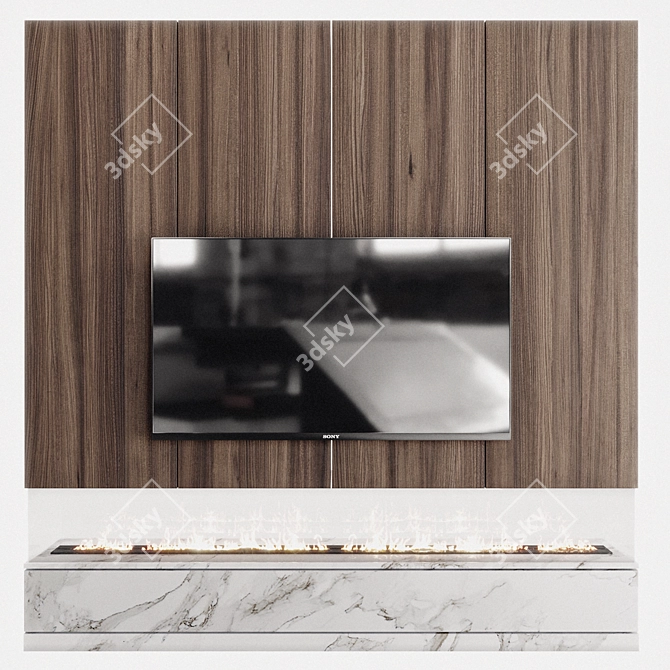 Premium Wood Stone TV Wall 3D model image 2