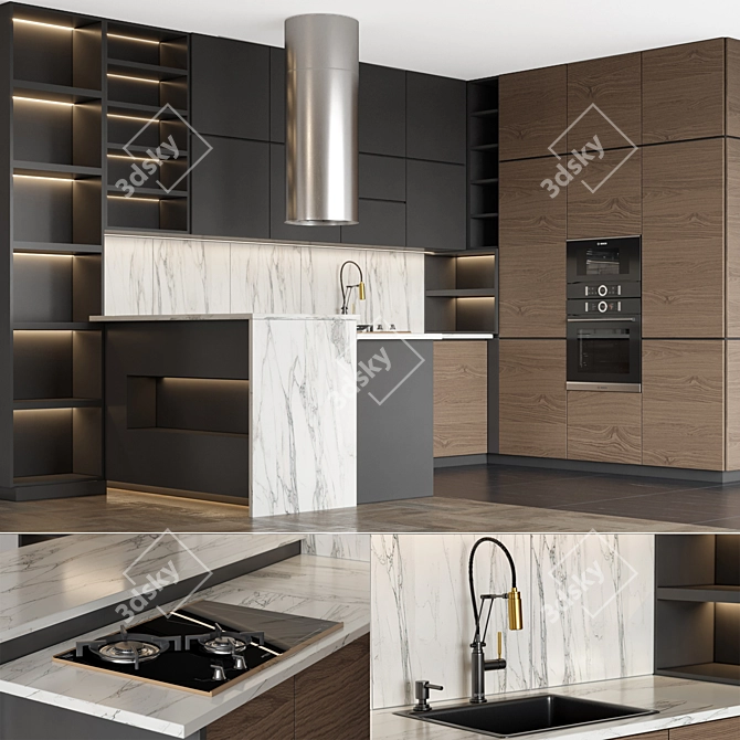 Modern L-Shaped Kitchen Island Set 3D model image 1