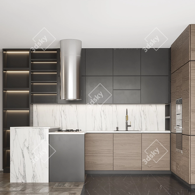 Modern L-Shaped Kitchen Island Set 3D model image 2