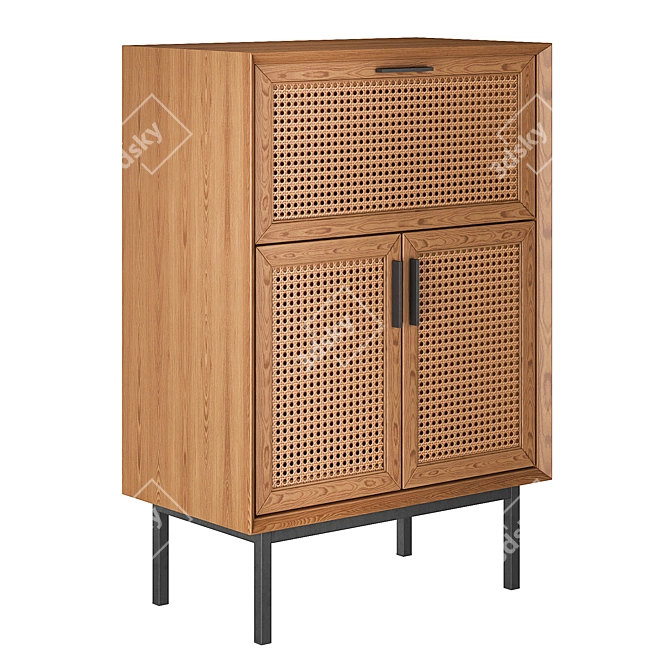 Waska Oak & Rattan Bar Cabinet 3D model image 1